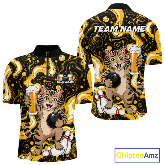 A short-sleeve collared shirt shown from the front and back, featuring a cartoon tabby cat bowling with foam beer mugs, white bowling pins, and a black-and-yellow swirling abstract background. The front has small placeholder text, and the back has large 'TEAM NAME' text.