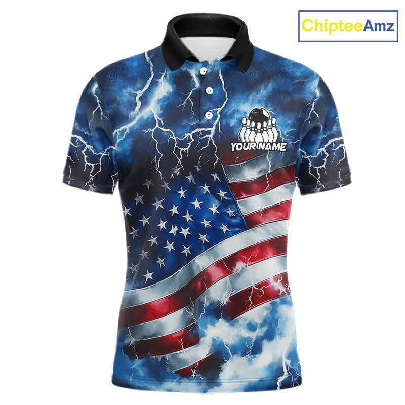 A short-sleeve polo shirt with a dynamic American flag design featuring lightning effects. The shirt has a black collar, white buttons, and a customizable chest graphic with a skull and the text 'YOURNAME'.