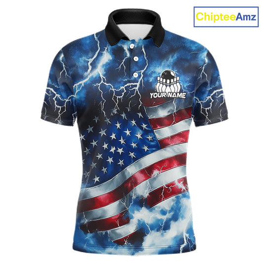 A short-sleeve polo shirt with a dynamic American flag design featuring lightning effects. The shirt has a black collar, white buttons, and a customizable chest graphic with a skull and the text 'YOURNAME'.