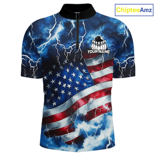A short-sleeve cycling jersey with a black collar and zipper, featuring an all-over graphic print of a waving American flag blended with blue lightning and storm clouds. The chest has a placeholder logo with the text 'YOURNAME'.