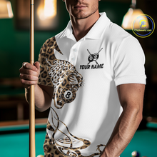 Load image into Gallery viewer, Man wearing a white polo shirt with leopard print and pool cue design, holding a pool cue on a billiards table.