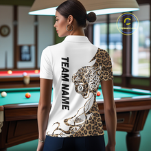 Load image into Gallery viewer, Woman wearing a white polo shirt with a leopard design and 'Team Name' text, standing in a pool hall.