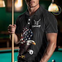 Load image into Gallery viewer, Men polo billiard shirt with American flag eagle 8 ball design and customizable text on a white background