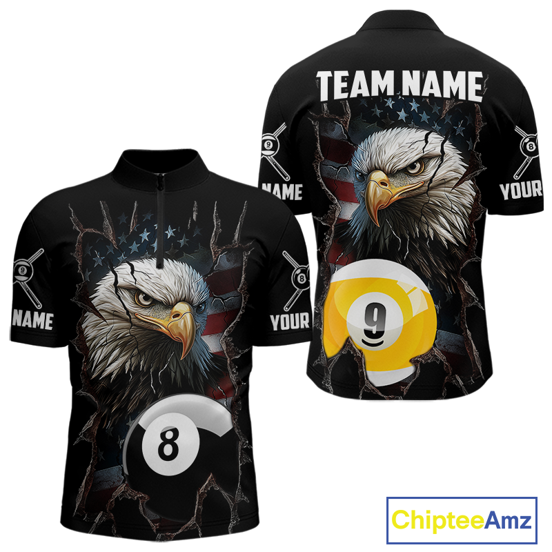 Front and back views of a black billiards quarter zip featuring a bald eagle graphic, cracked flag background, and large 8-ball and 9-ball designs.