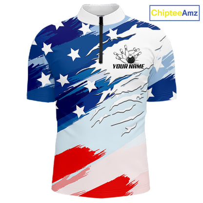 A short-sleeve quarter-zip athletic jersey with a patriotic American flag-inspired brushstroke pattern in blue, white, and red, featuring a black zipper and a customizable bowling graphic with the text 'YOUR NAME' on the chest. A 'ChipteeAmz' logo is visible in the top right corner.