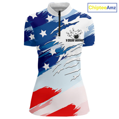 Custom American Flag Bowling Jersey for Women Bowling Team Shirts Patriotic Bowling League HNT460