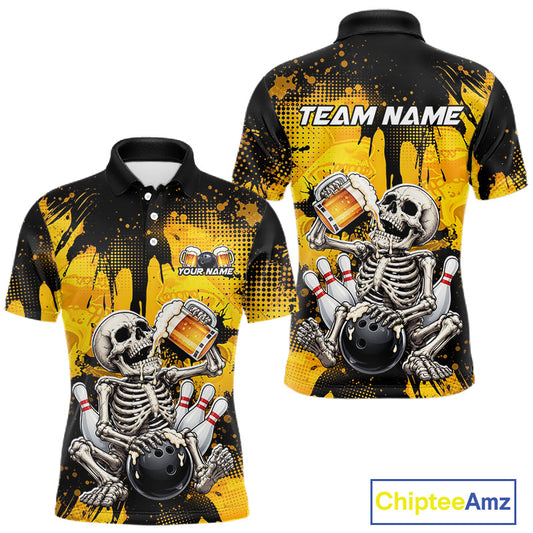 Front and back views of a short-sleeve polo shirt featuring a black and yellow paint-splatter background with a large skeleton holding bowling pins and a bowling ball, plus a beer glass. The back shows 'TEAM NAME' text and the front has a small 'YOUR NAME' graphic.