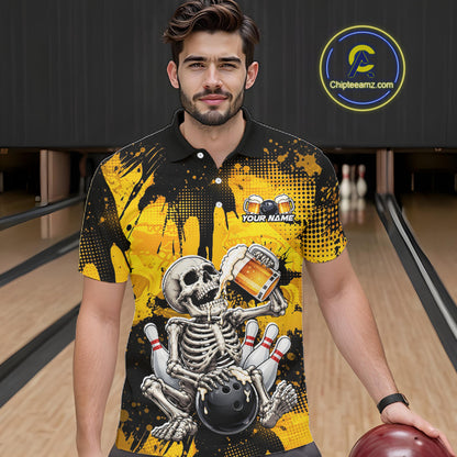 A man wearing a bowling-themed graphic polo shirt stands in a bowling alley holding a bowling ball. The shirt features a black and yellow splatter design with a skeleton holding bowling pins and a bowling ball, and a custom text placeholder on the chest.
