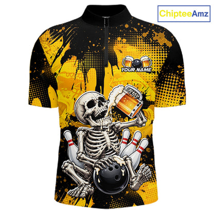 A short-sleeve cycling jersey with a black and yellow paint-splatter background, featuring a large graphic of a skeleton holding a bowling ball and bowling pins. The jersey has a mock neck collar, a front zipper, and a customizable chest area with beer glasses and the text 'YOUR NAME'.