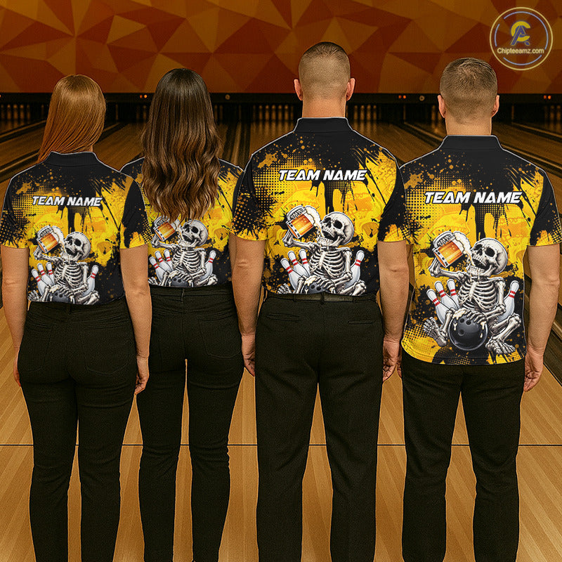Four people standing in a bowling alley, viewed from behind, wearing matching black and yellow bowling shirts with a skeleton and bowling pins graphic on the back. The shirts have 'TEAM NAME' printed on the upper back.