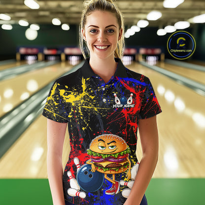Custom Colorful Funny Hamburger Bowling Jersey for Women Bowling Team Shirts Bowling League HNT467