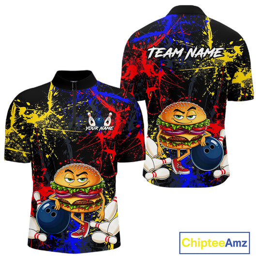 Front and back views of a custom short-sleeve polo shirt featuring a cartoon burger character holding a bowling ball, with colorful red, blue, and yellow paint splatter designs on a black background. The front includes customizable text placeholders 'YOUR NAME' and 'TEAM NAME'.