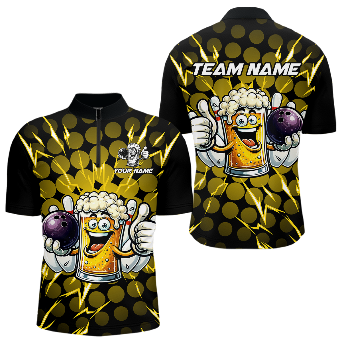 Custom Yellow Funny Beer Bowling Jersey for Men Bowling Team Shirts Polo & 1/4 Zip HNT187