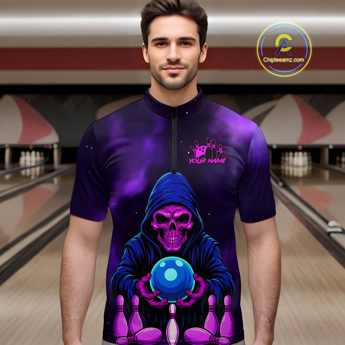 Custom Purple Grim Reaper Bowling Jersey for Men Bowling Team Shirts Polo & 1/4 Zip HNT132