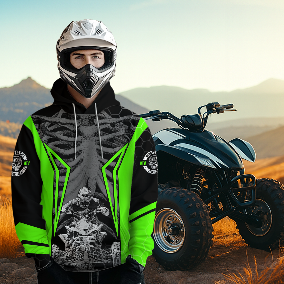 Personalized Green Atv Racing Hoodie Custom Name & Number Quad Bike Rider Motocross Shirt For Men Women  NHN002