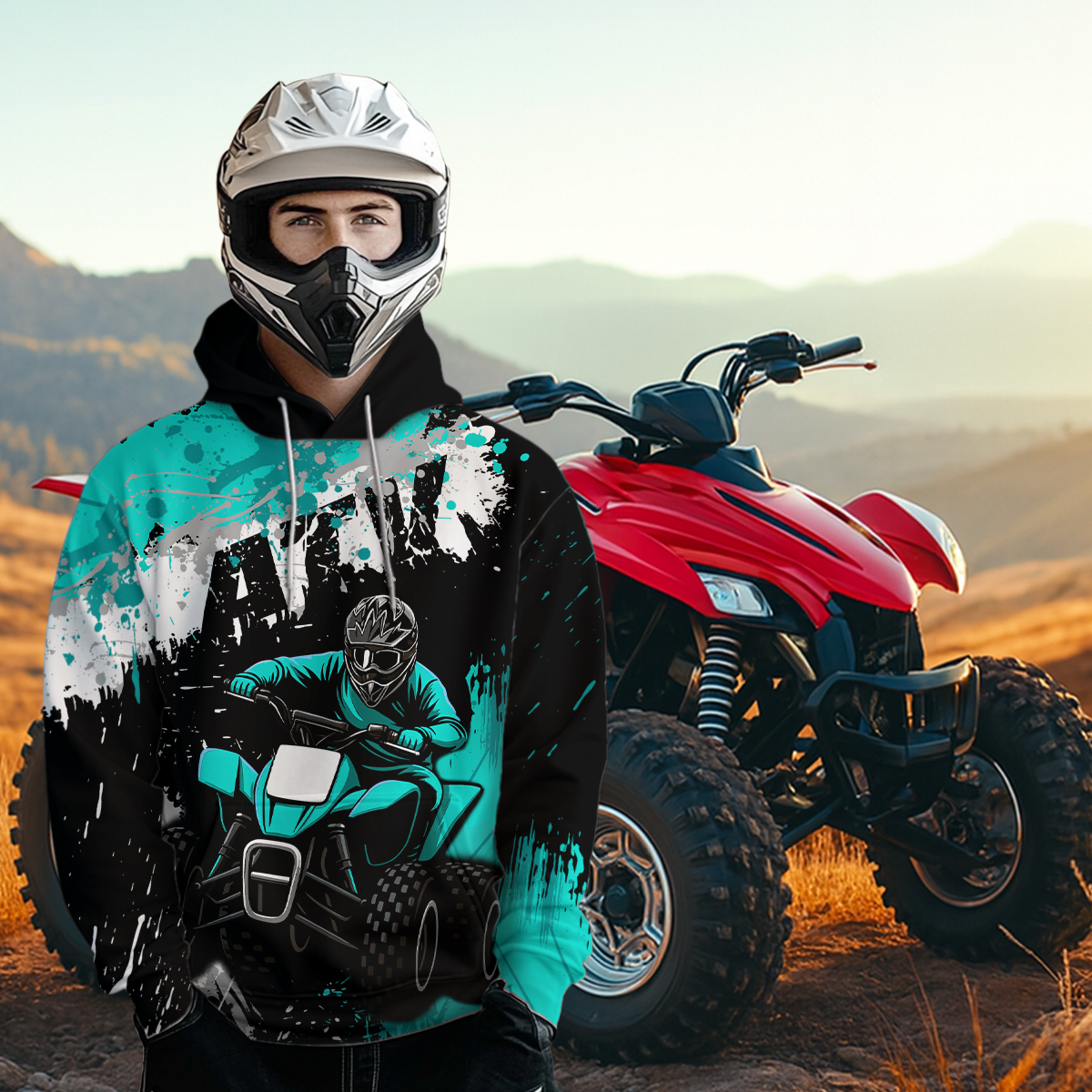 Turquoise Atv Motocross Hoodie Personalized Upf30+ Adult&Kid Quad Bike Shirt Atv Mx Off-Road Extreme NHN003