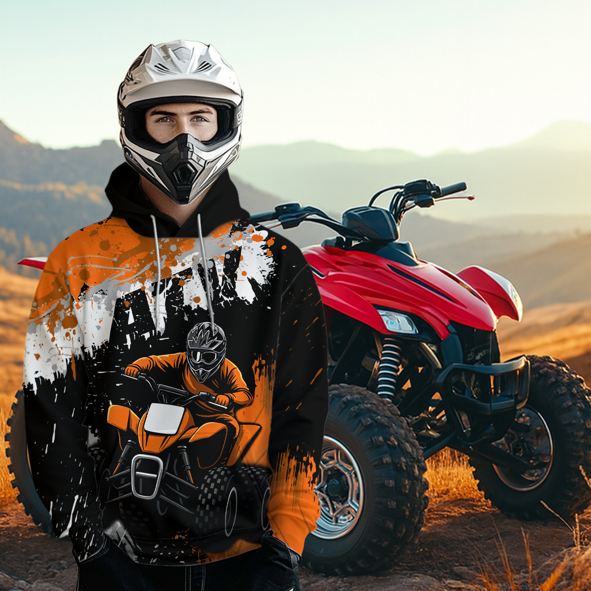 Orange ATV Motocross Hoodie Personalized Upf30+ Adult&Kid Quad Bike Shirt Atv Mx Off-Road Extreme NHN003