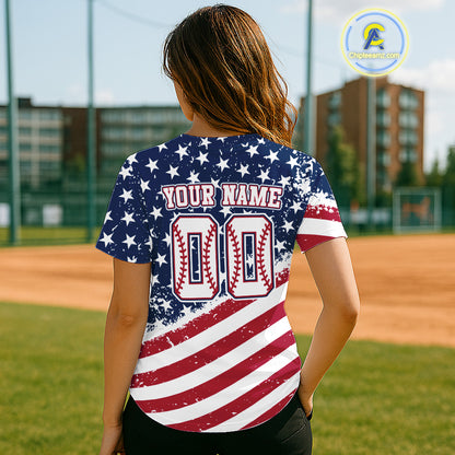 Red And Blue American Flag Baseball Jersey For Women Custom Patriotic Youth Baseball Shirt NYN0859