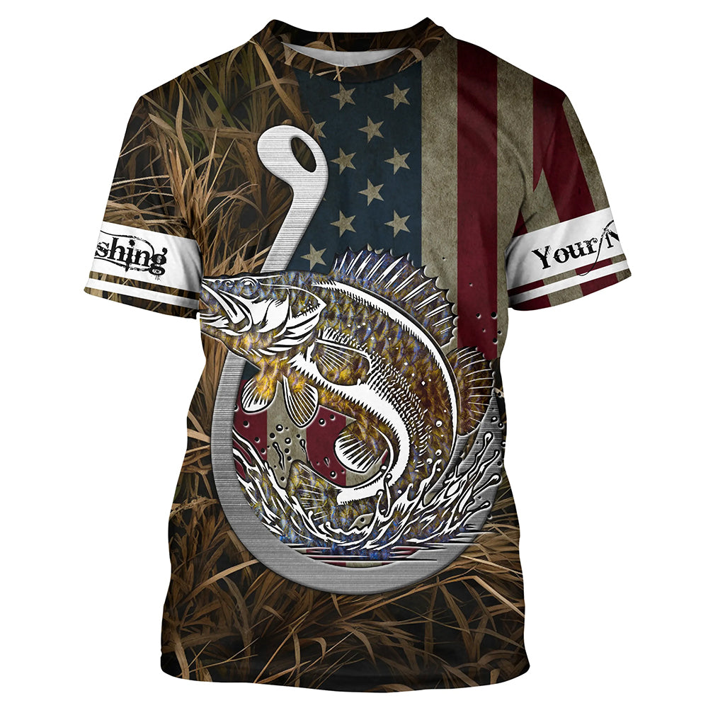 Walleye Fishing American Flag Custom Long Sleeve Shirts, Patriotic Fishing apparel TTN40