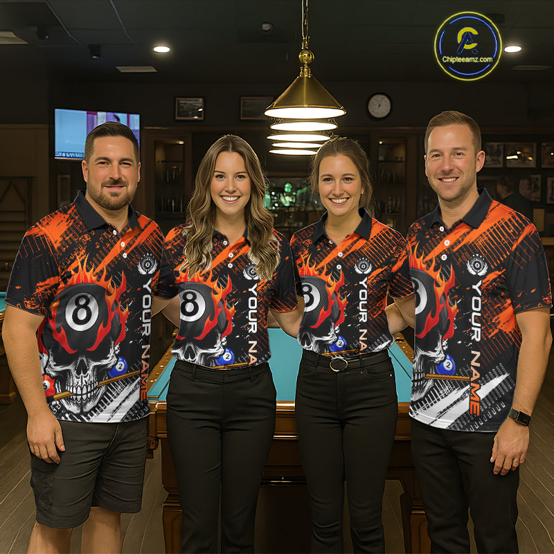 Personalized Name Billiard Skull Flame Polo Shirts For Men  Custom Team Name Billiard Shirt Design YYD0015