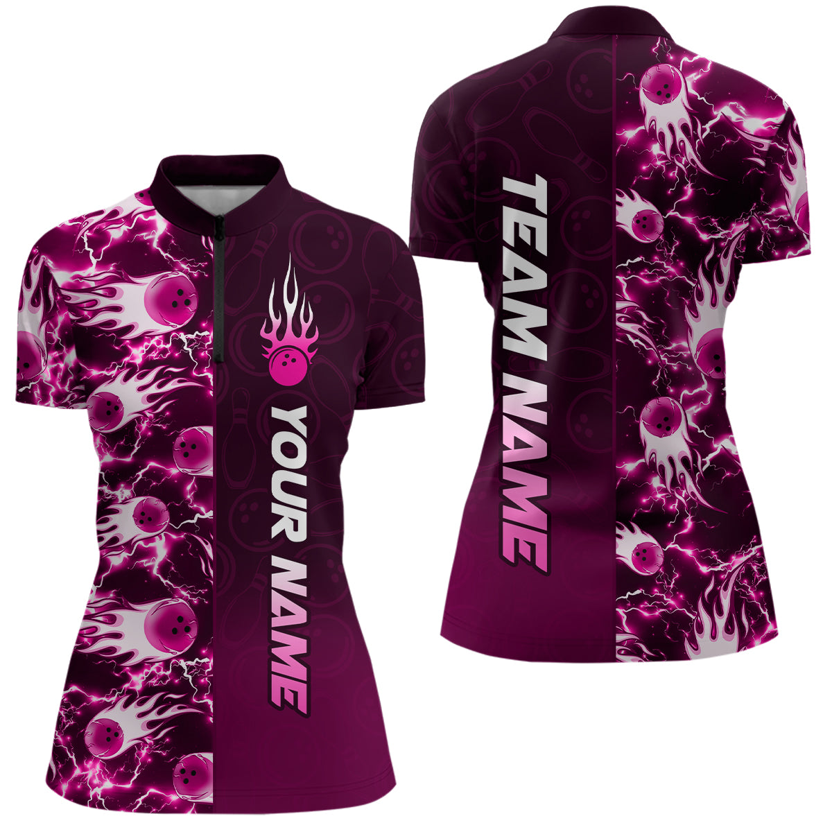 Bowling Quarter Zip Shirts For Women Custom Name Bowling Flame Lightning Team Jersey Shirt YYD0030