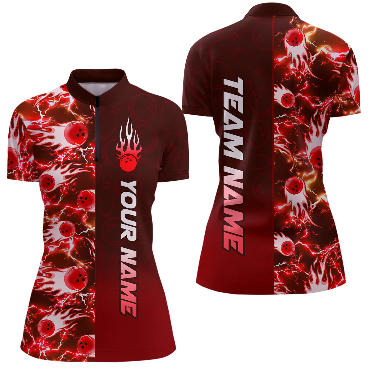 Bowling Quarter Zip Shirts For Women Custom Name Bowling Flame Lightning Team Jersey Shirt YYD0030