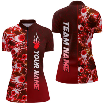 Bowling Quarter Zip Shirts For Women Custom Name Bowling Flame Lightning Team Jersey Shirt YYD0030