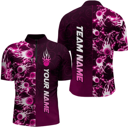 Bowling Quarter Zip Shirts For Men Custom Name Bowling Flame Lightning Team Jersey Shirt YYD0030