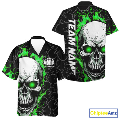Custom Green Flame Skull Bowling Hawaiian Shirt For Men And Women, Halloween Bowler Jerseys IPHW5008