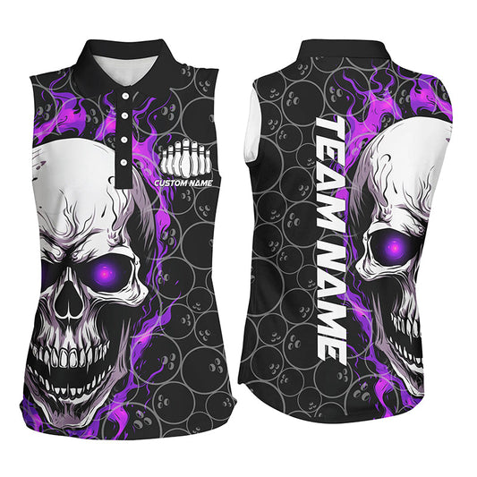 Custom Purple Flame Skull Bowling Shirts For Women, Bowling Team Sleeveless Bowling Shirts IPHW5009