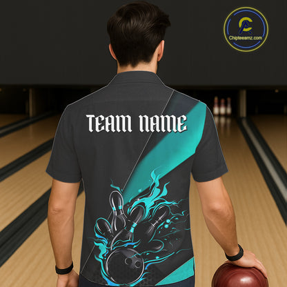 Custom Black And Blue Flame Bowling Tournament Men Hawaiian Shirts, Bowling Team Shirts IPHW6186