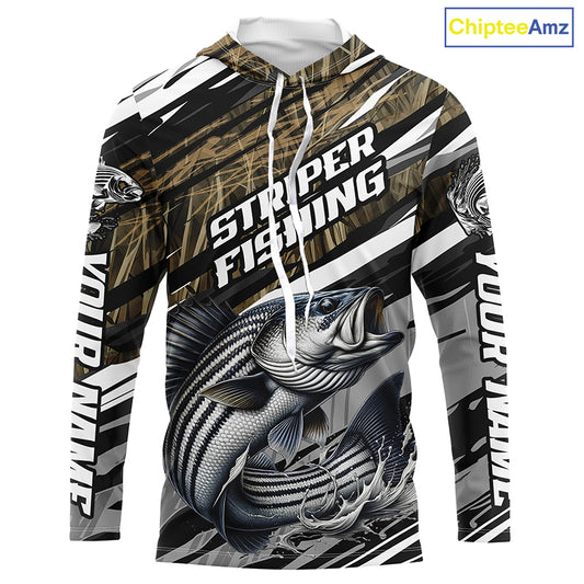 Striped Bass Fishing Camo Long Sleeve Fishing Shirts, Custom Striper Tournament Fishing Jerseys IPHW5954