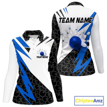 Load image into Gallery viewer, Black and White Bowling Polo, Quarter Zip Shirt for Women Custom Lightning Team bowling jerseys | Blue NQS9837