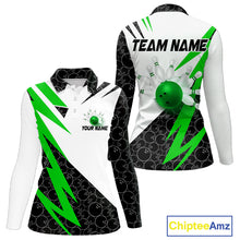 Load image into Gallery viewer, Black and White Bowling Polo, Quarter Zip Shirt for Women Custom Lightning Team bowling jersey | Green NQS9838