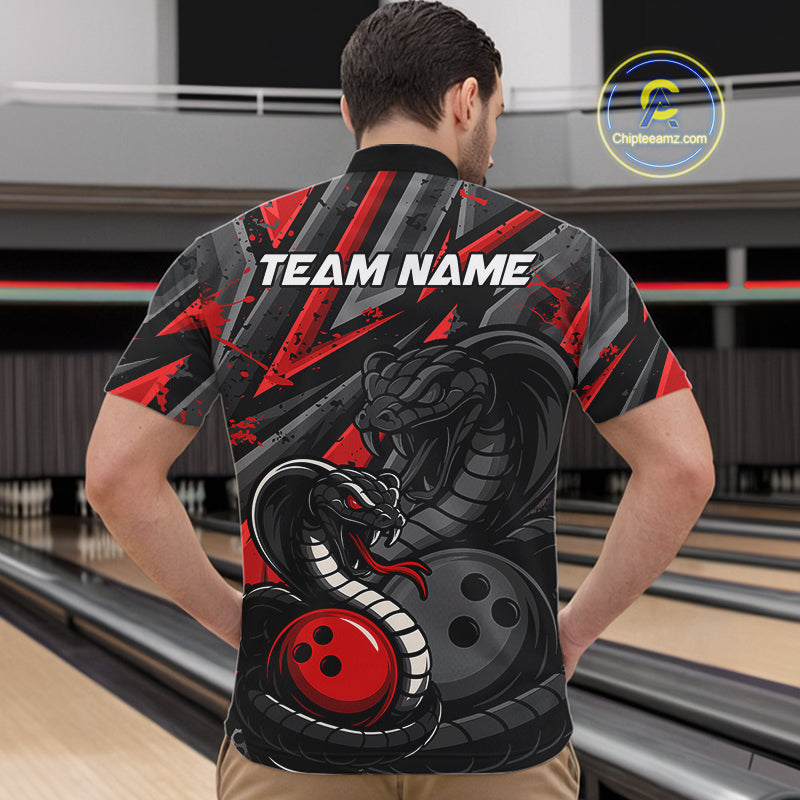 Custom Grunge Black And Red Cobra Snake Bowling Men Quarter-Zip Shirts With Team Name For Bowlers IPHW9027