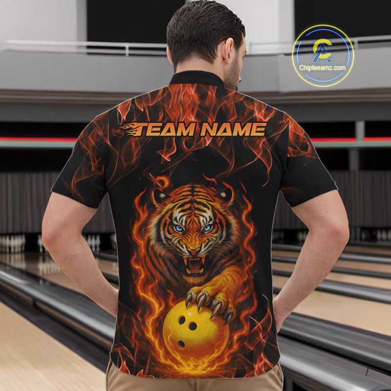 Custom Fire Flame Tiger Bowling Team Quarter-Zip Shirts For Men, Tournament Bowling Outfit IPHW9037