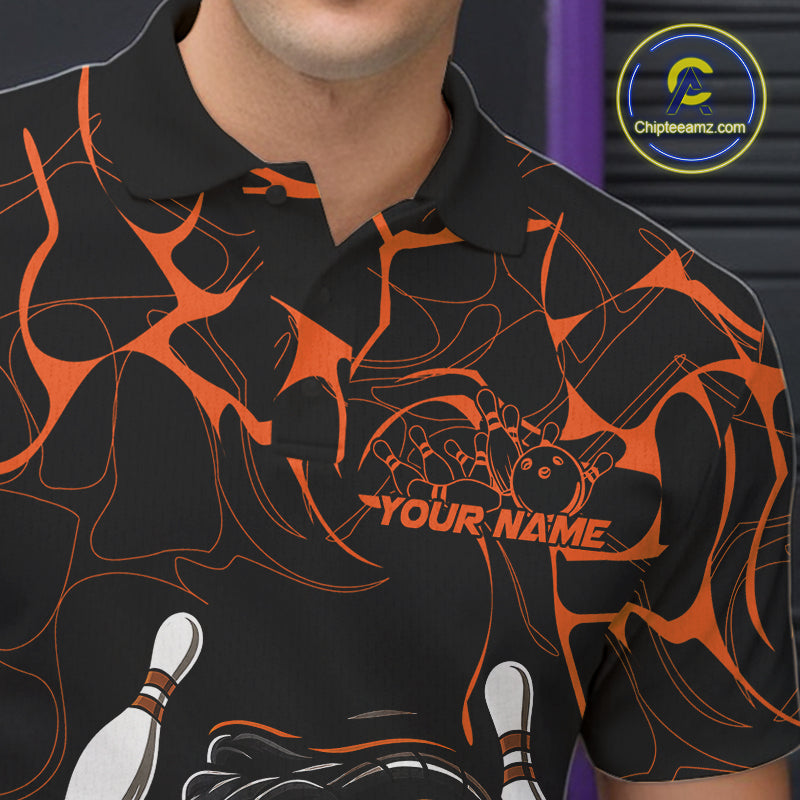 Custom Black And Orange Cobra Snake Bowling Jerseys, Bowling Team Men Polo Shirts IPHW9040