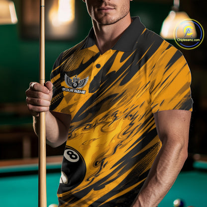 Custom Yellow Billiards Jersey Featuring Angry Flame 8 Ball Pool Men Polo Shirt IPHW11778