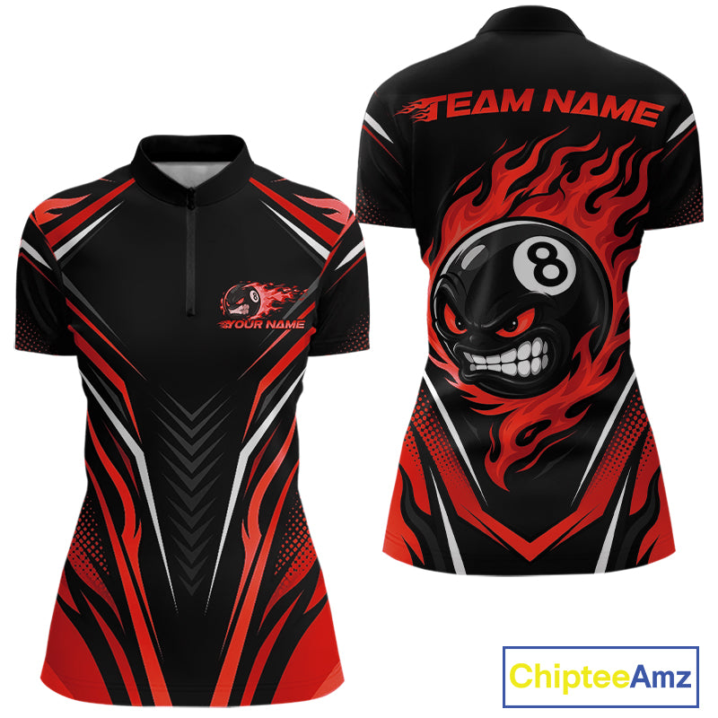 Custom Black And Red Flame Angry 8 Ball Billiards Jerseys Quarter-Zip Shirt For Women IPHW11782