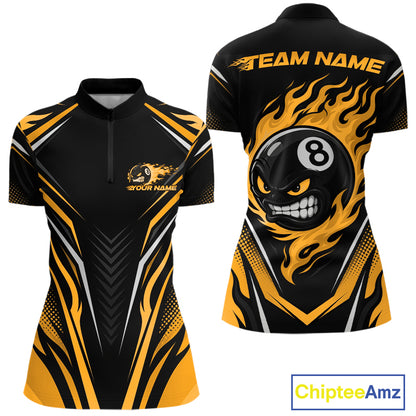 Custom Black And Yellow Flame Angry 8 Ball Billiards Jerseys Quarter-Zip Shirt For Women IPHW11783