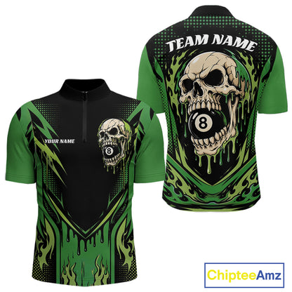 Custom Green Dripping Skull 8 Ball Halloween Billiards Men Quarter Zip Shirt, Pool Shirt IPHW11788
