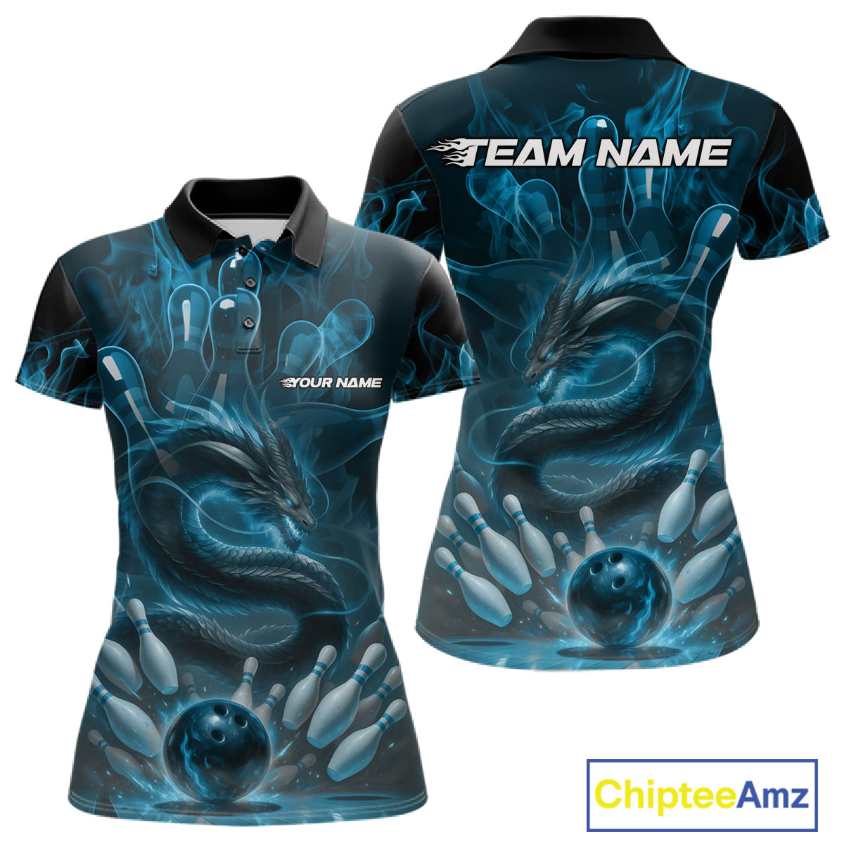 Custom Blue Flame Dragon Bowling Women Polo Shirts, Dragon Bowling League Shirt IPHW10224