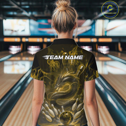 Custom Yellow Flame Dragon Bowling Women Quarter-Zip Shirts, Dragon Bowling League Shirt IPHW10225