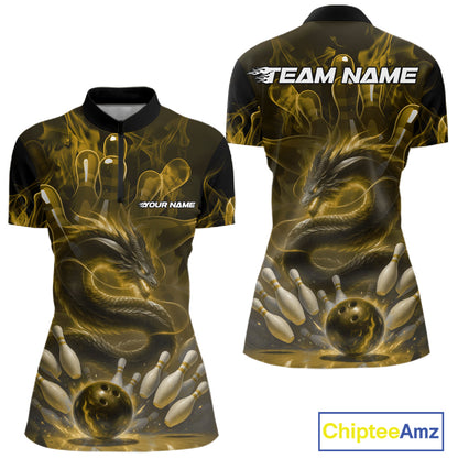 Custom Yellow Flame Dragon Bowling Women Quarter-Zip Shirts, Dragon Bowling League Shirt IPHW10225