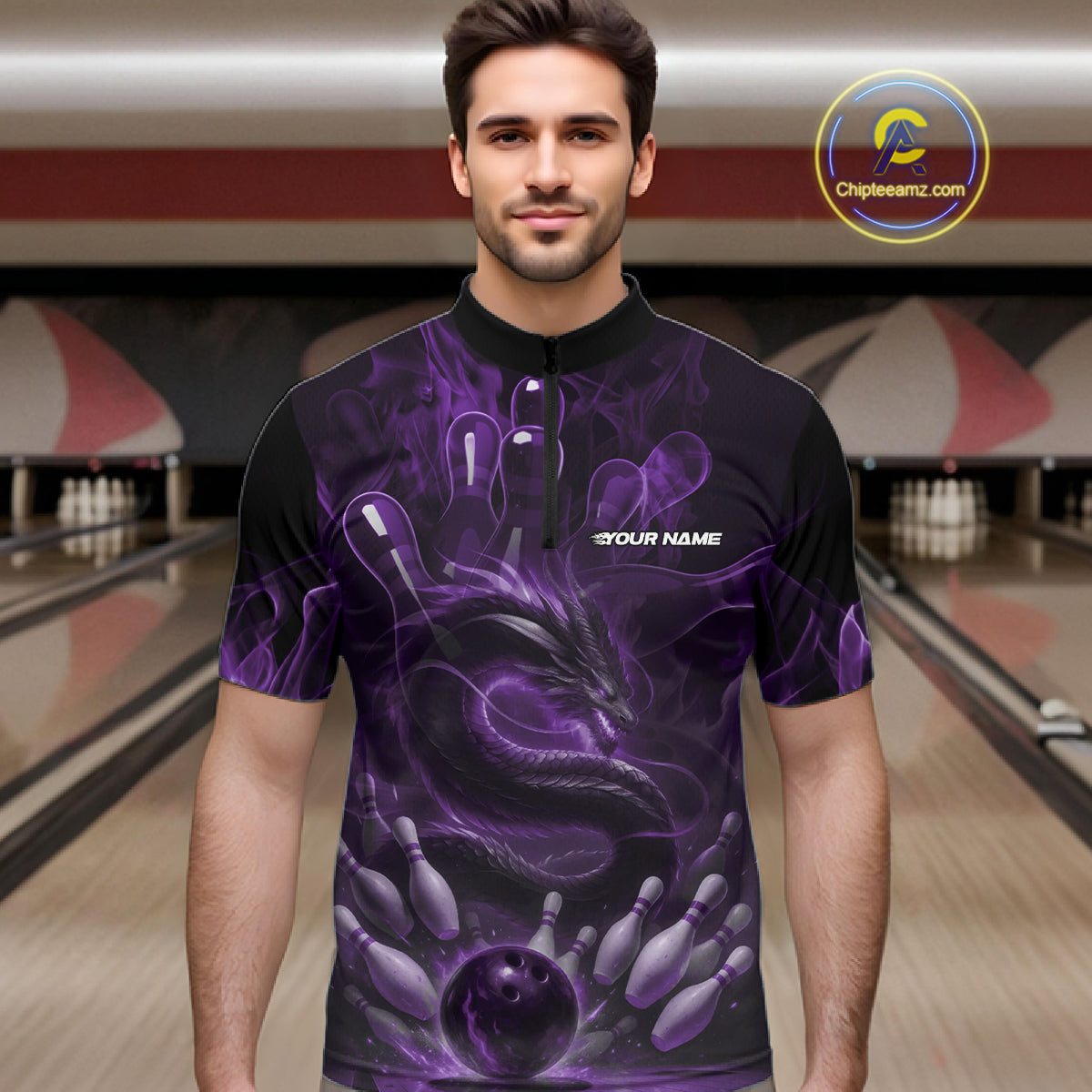 Custom Purple Flame Dragon Bowling Men Quarter-Zip Shirts, Dragon Bowling League Shirt IPHW10227