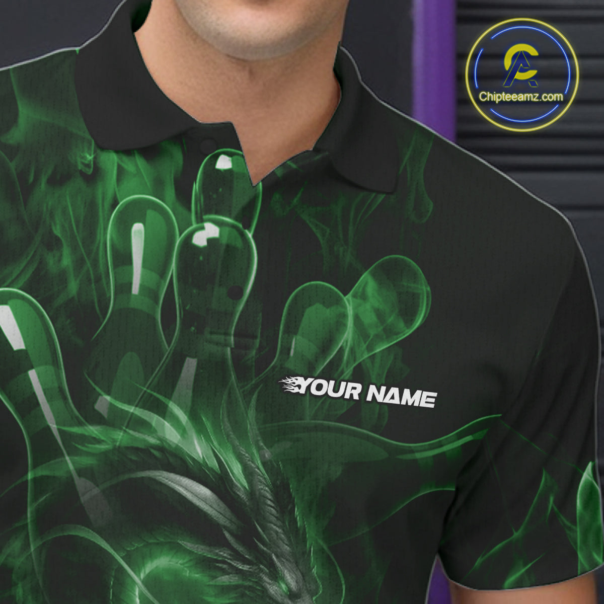Custom Green Flame Dragon Bowling Men Polo Shirts, Dragon Bowling League Shirt IPHW10228