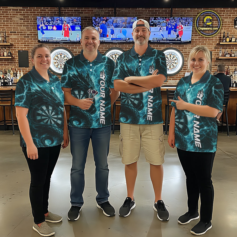 Custom Turquoise Blue Thunder Lightning Dragon Dart Jerseys, Multi Styles Dart Shirts For Men, Women And Kid IPHW10398