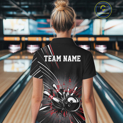 Custom Black And Red Grunge Bowling Team Jerseys, Women Bowling Polo Shirts IPHW9620