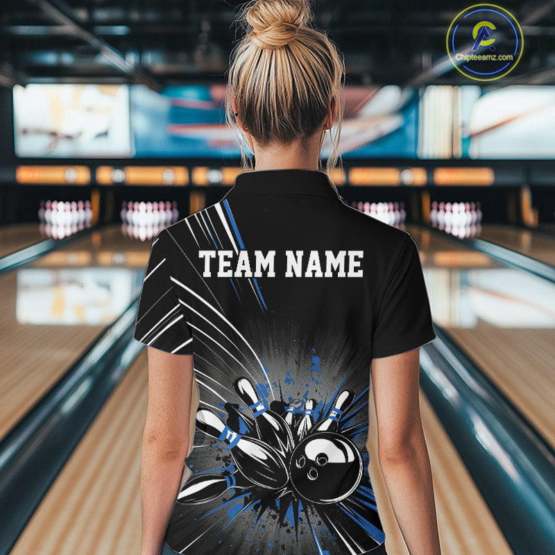 Custom Black And Blue Grunge Bowling Team Jerseys, Women Bowling Quarter-Zip Shirts IPHW9621
