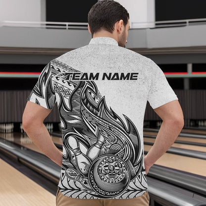 Custom Grunge Black And Gray Tribal Flame Polynesian Bowling Team Quarter-Zip Shirts For Men IPHW8804